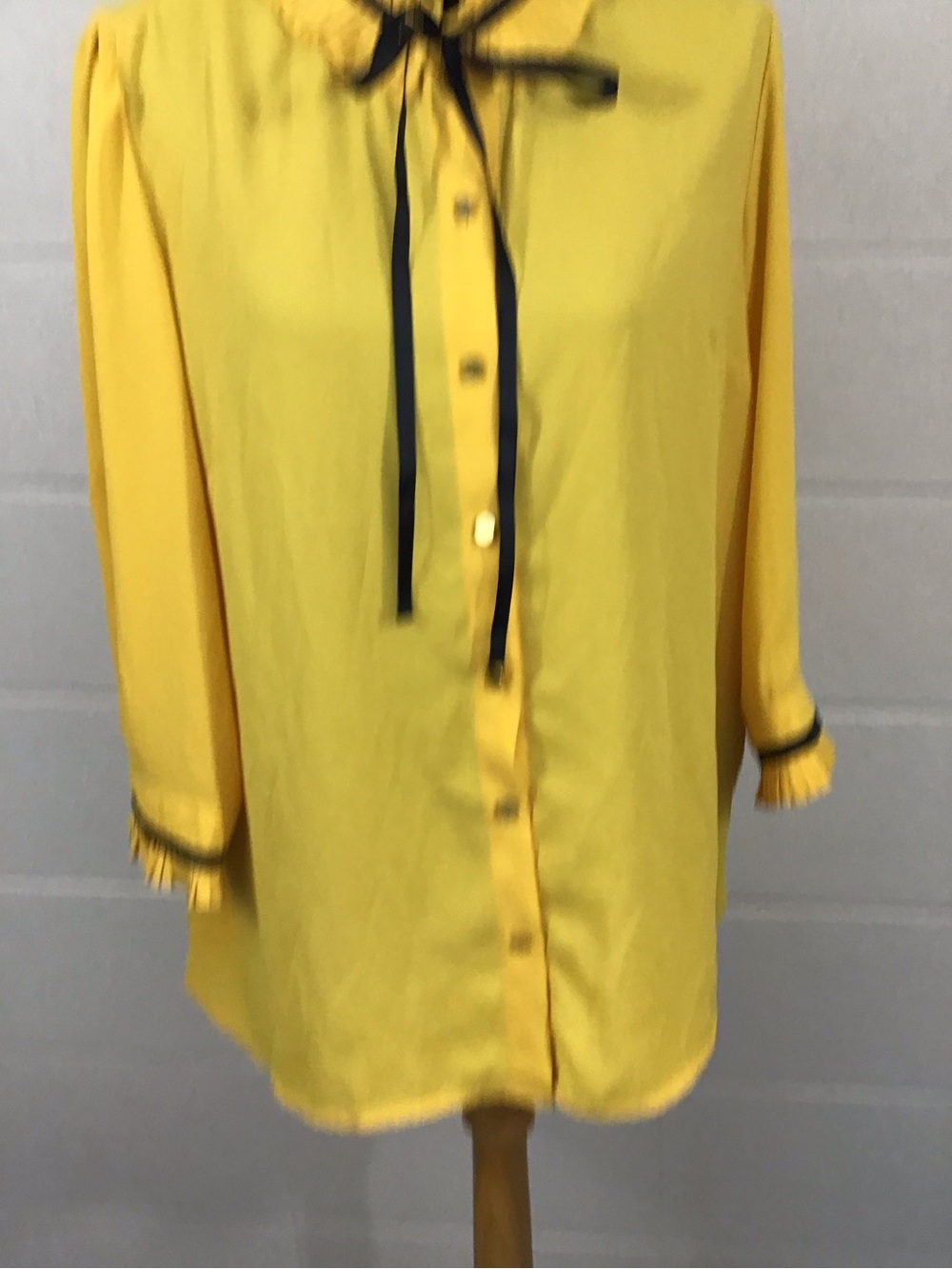 Bright Yellow High Neck Black Ribbon Tie Ruffle Collar 3/4 Sleeve Chiffon Blouse - Picture 2 of 12